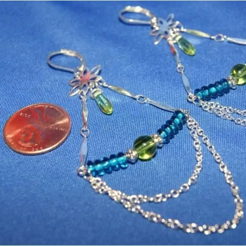 Handmade Glass Bead & Silver Plated Chandelier Long Dangle Earrings